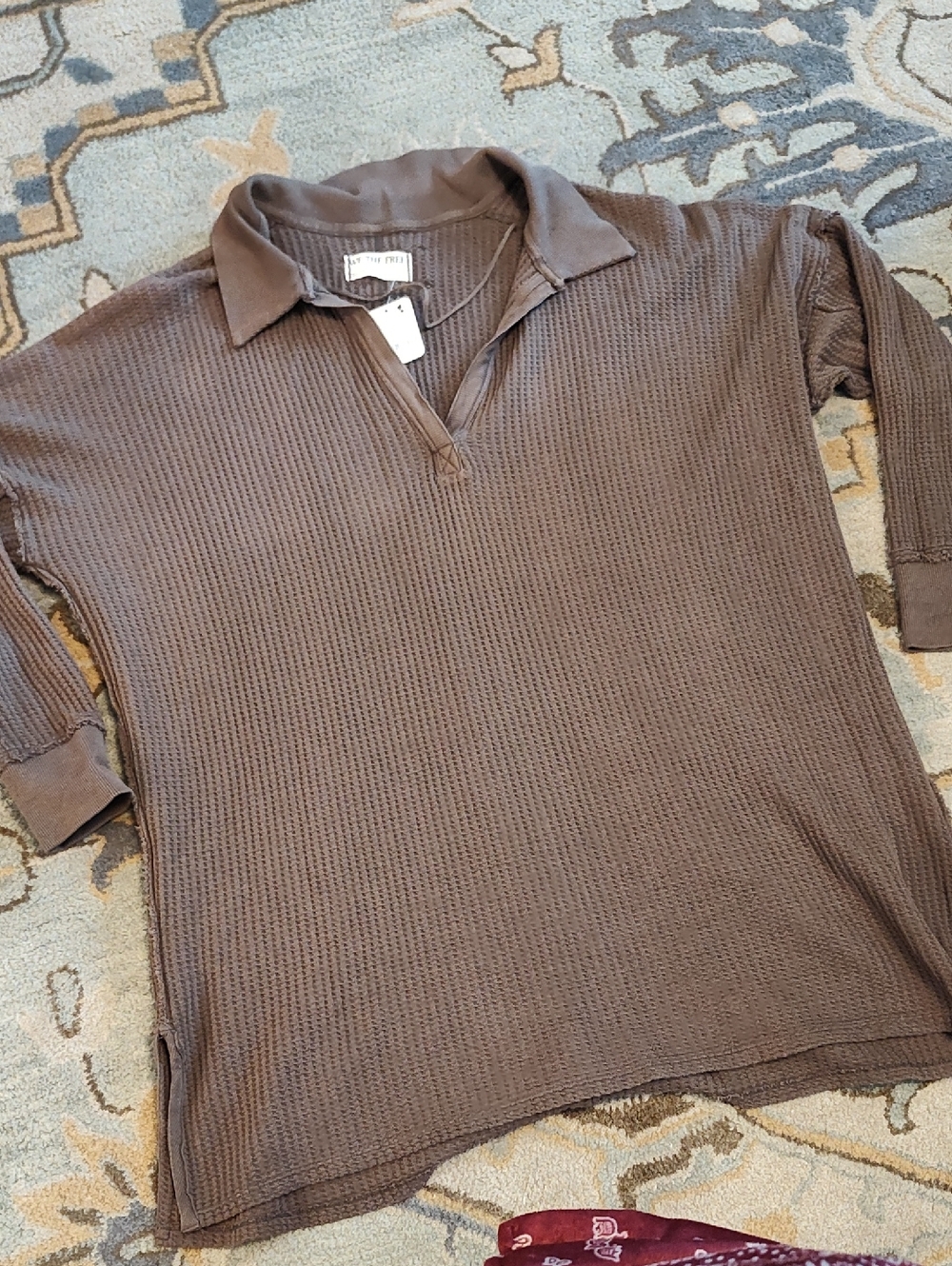 We The Free NWT Waffle Knit Polo Top in Brown